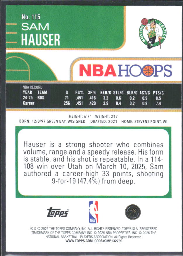 Sam Hauser 2025-26 NBA Hoops #115 – baksida