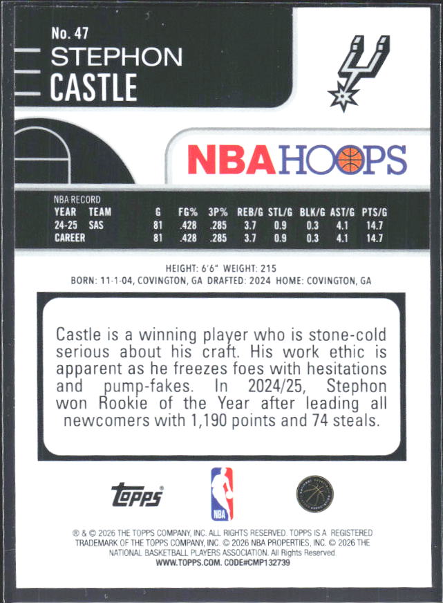 Stephon Castle 2025-26 NBA Hoops #47 – baksida