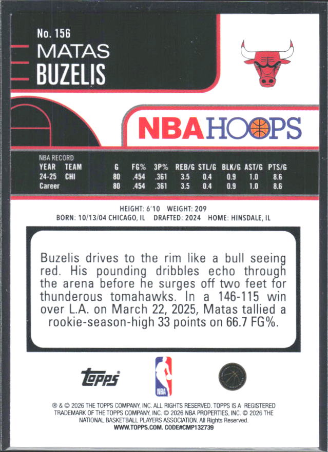 Matas Buzelis 2025-26 NBA Hoops #156 – baksida