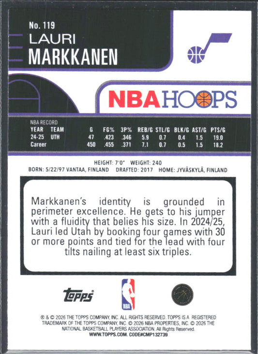 Lauri Markkanen 2025-26 NBA Hoops #119 – baksida