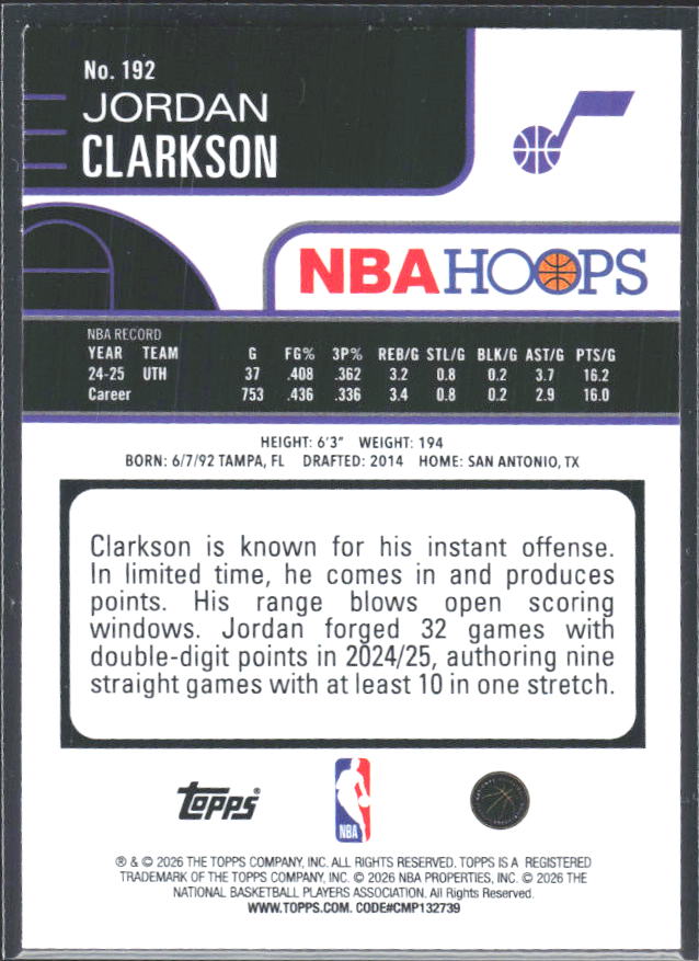 Jordan Clarkson 2025-26 NBA Hoops #192 – baksida