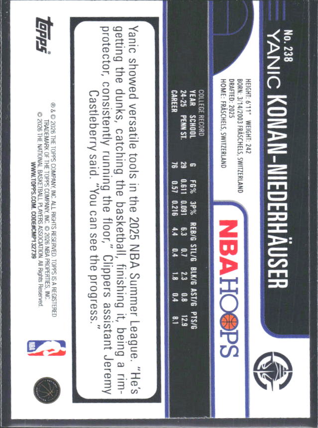 Yanic Konan-Niederhauser 2025-26 NBA Hoops RC #238 – baksida