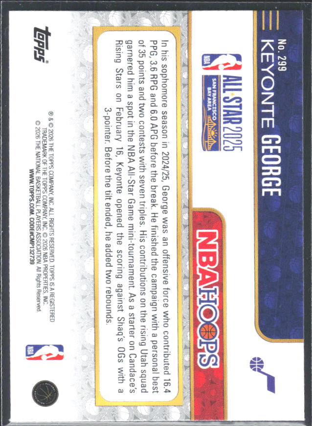Keyonte George 2025-26 NBA Hoops All-Star 2025 #299 – baksida