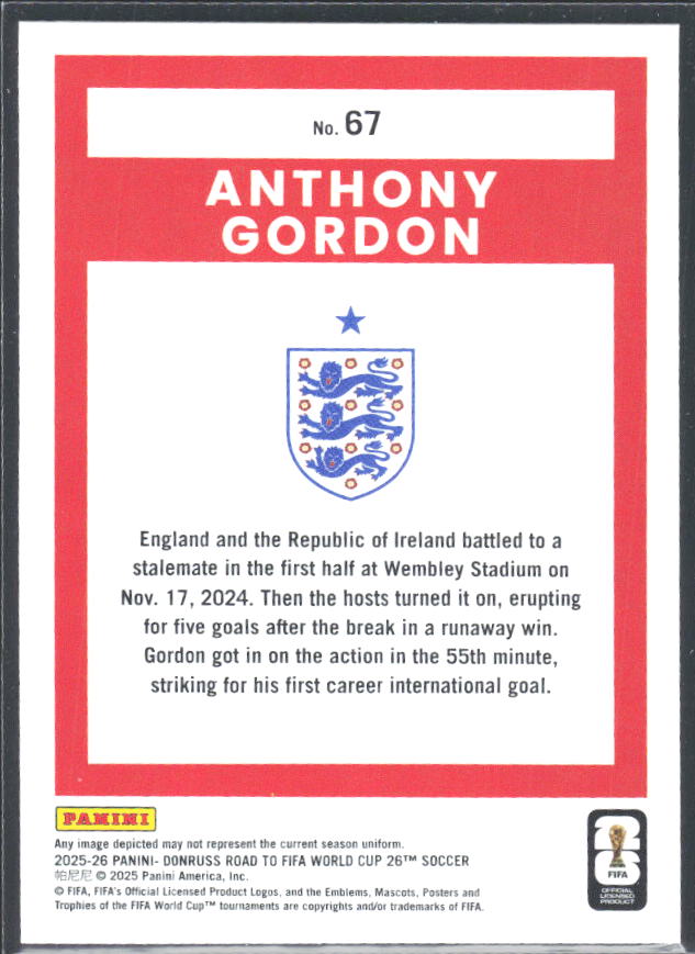 Anthony Gordon 2025-26 Donruss Road to FIFA WC #67 – baksida