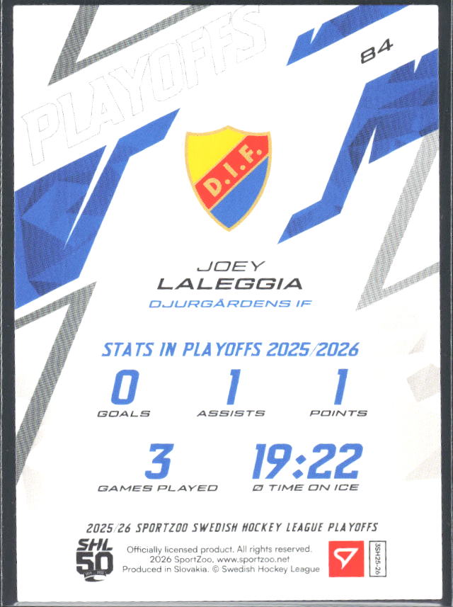 Joey LaLeggia 2025-26 SHL Playoffs #84 – baksida