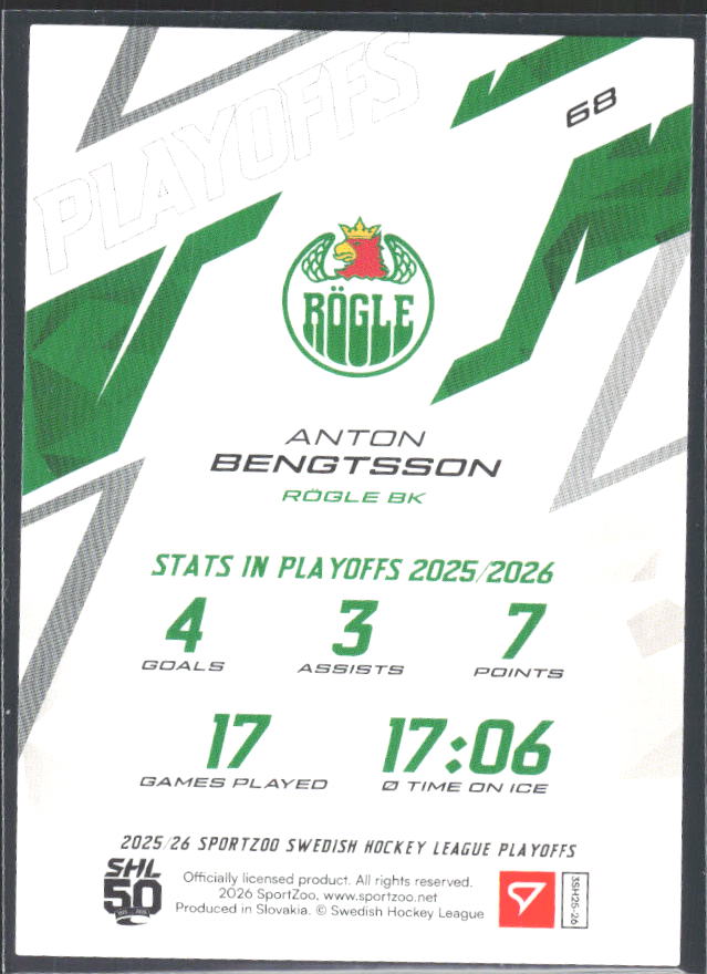 Anton Bengtsson 2025-26 SHL Playoffs #68 – baksida
