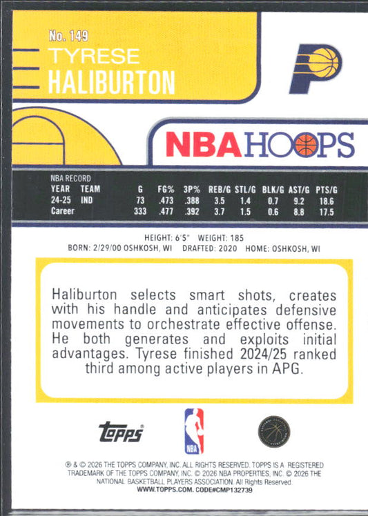 Tyrese Haliburton 2025-26 NBA Hoops #149 – baksida
