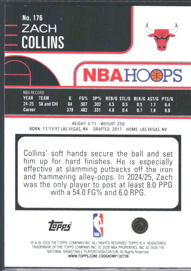Zach Collins 2025-26 NBA Hoops #176 – baksida