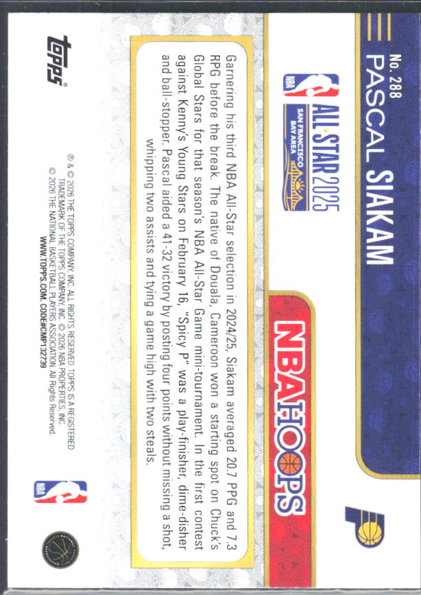 Pascal Siakam 2025-26 NBA Hoops All-Star 2025 #288 – baksida