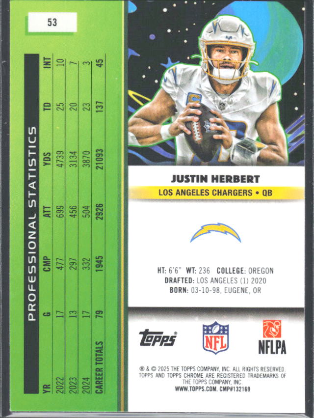 Justin Herbert 2025 Cosmic Chrome #53 – baksida