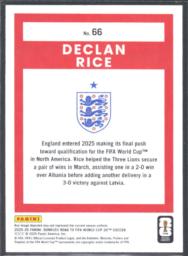 Declan Rice 2025-26 Donruss Road to FIFA WC #66 – baksida