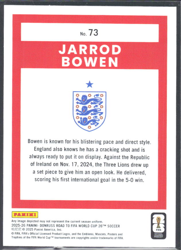 Jarrod Bowen 2025-26 Donruss Road to FIFA WC #73 – baksida