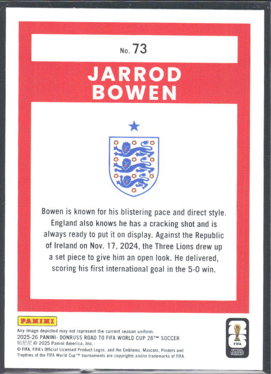 Jarrod Bowen 2025-26 Donruss Road to FIFA WC #73 – baksida