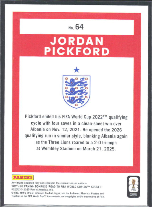 Jordan Pickford 2025-26 Donruss Road to FIFA WC #64 – baksida