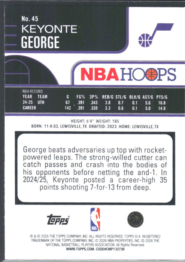 Keyonte George 2025-26 NBA Hoops #45 – baksida
