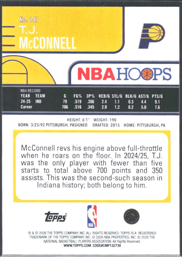 T.J. McConnell 2025-26 NBA Hoops #147 – baksida