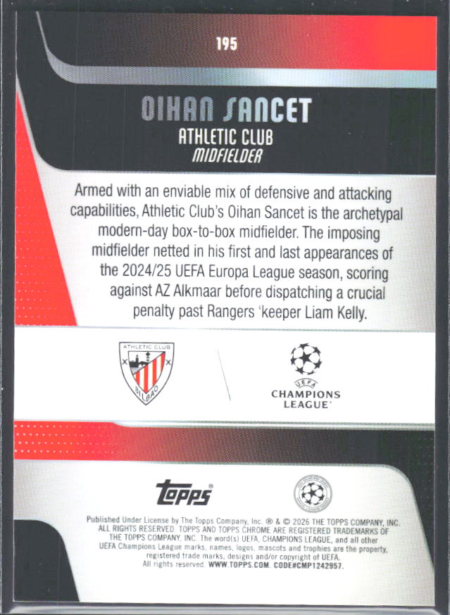 Oihan Sancet 2025-26 Chrome UEFA #195 – baksida