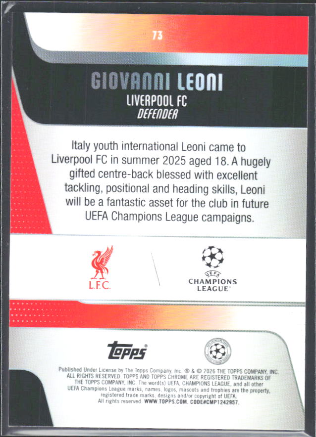 Giovanni Leoni 2025-26 Chrome UEFA RC #73 – baksida