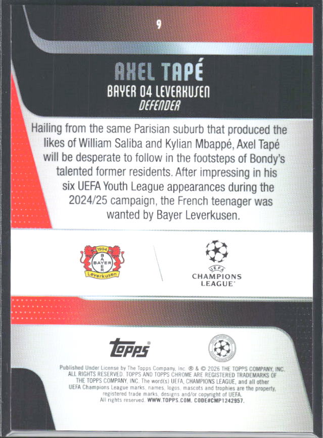 Axel Tapé 2025-26 Chrome UEFA RC #9 – baksida