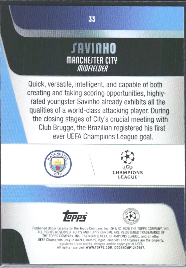 Savinho 2025-26 Chrome UEFA #33 – baksida