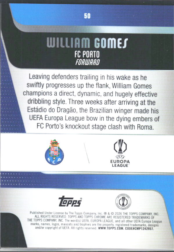 William Gomes 2025-26 Chrome UEFA #50 – baksida