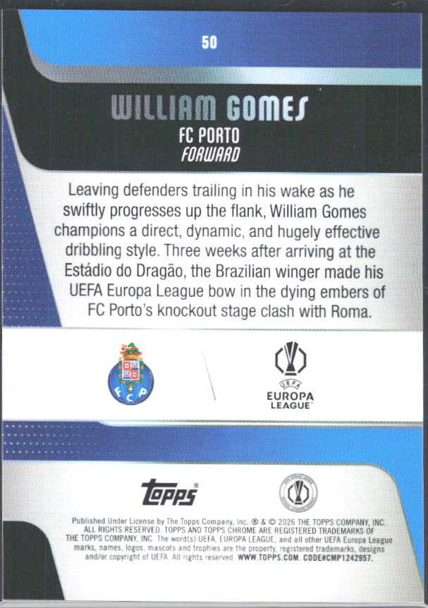 William Gomes 2025-26 Chrome UEFA #50 – baksida