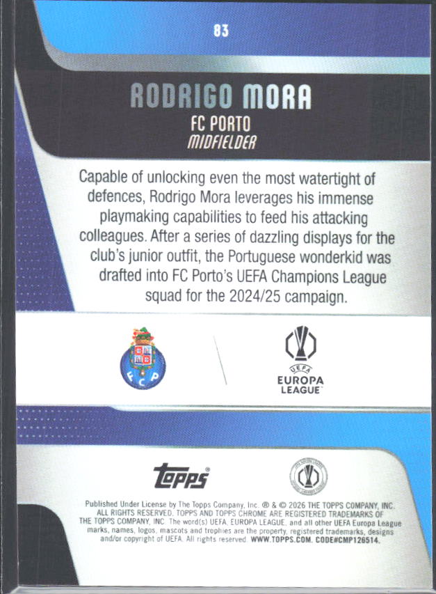 Rodrigo Mora 2025-26 Chrome UEFA Future Stars #83 – baksida