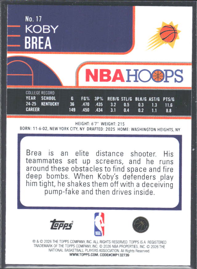 Koby Brea 2025-26 NBA Hoops RC #17 – baksida