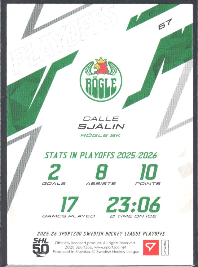 Calle Själin 2025-26 SHL Playoffs #67 – baksida