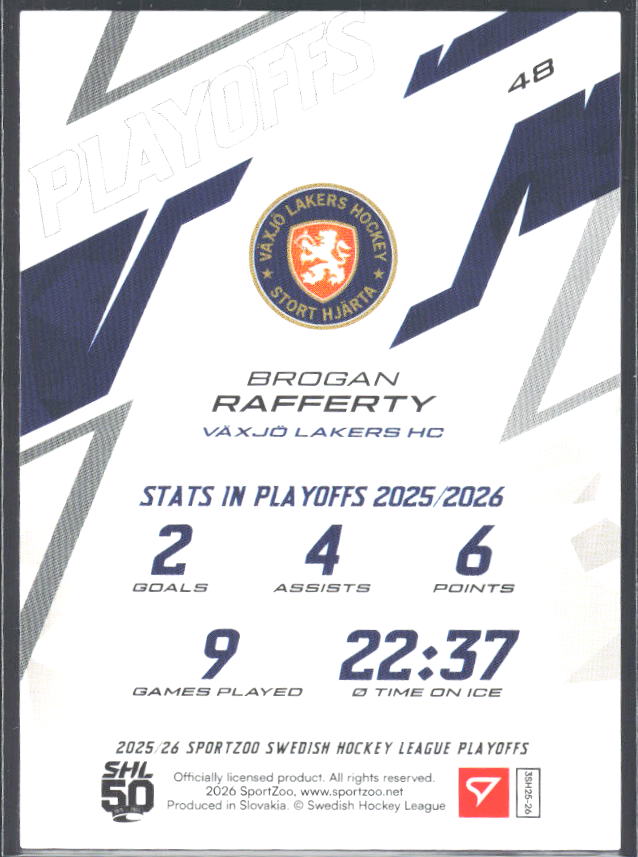 Brogan Rafferty 2025-26 SHL Playoffs #48 – baksida