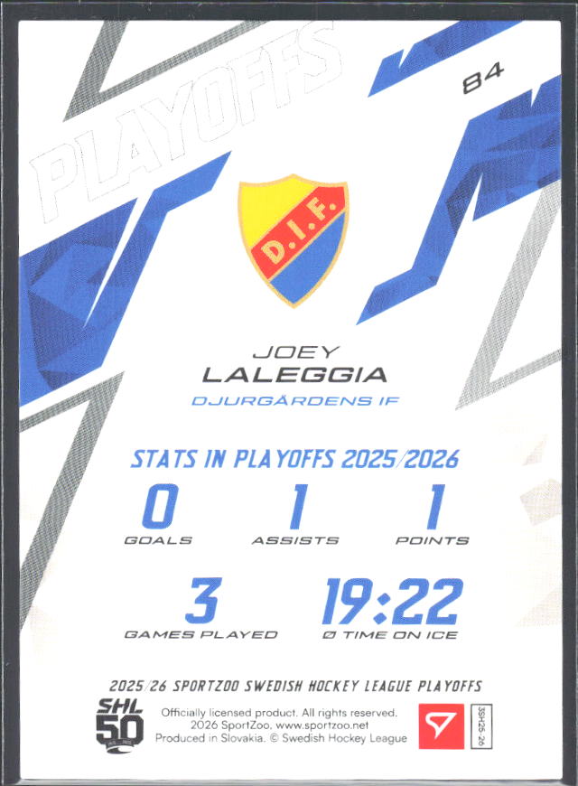 Joey LaLeggia 2025-26 SHL Playoffs #84 – baksida