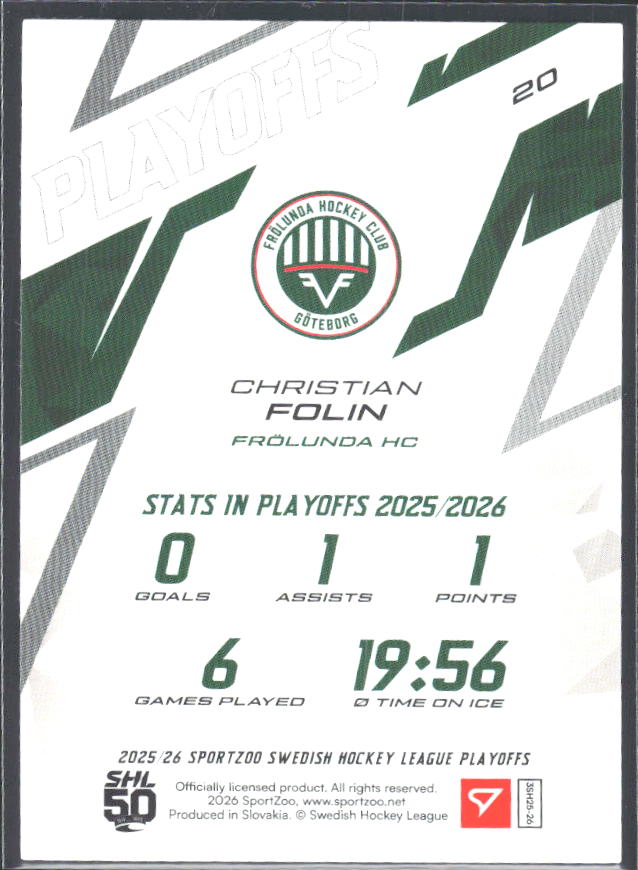 Christian Folin 2025-26 SHL Playoffs #20 – baksida