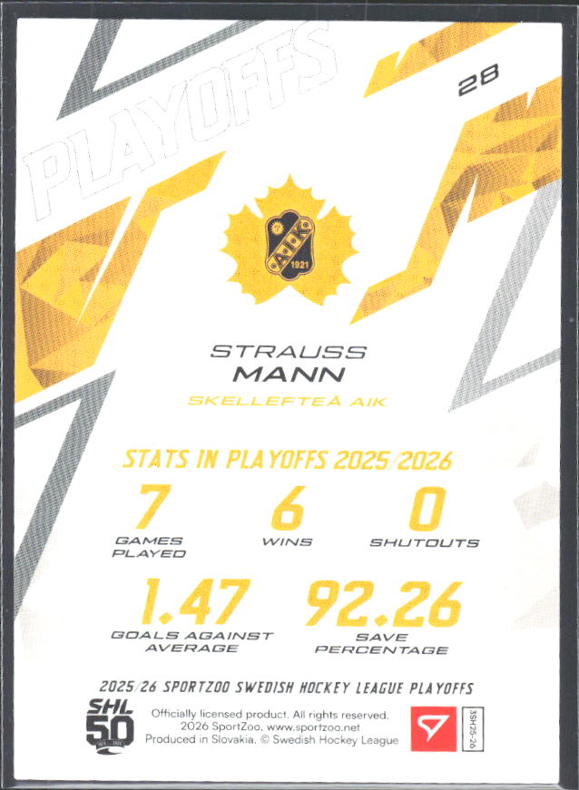 Strauss Mann 2025-26 SHL Playoffs #28 – baksida