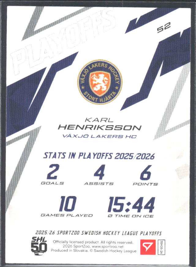 Karl Henriksson 2025-26 SHL Playoffs #52 – baksida