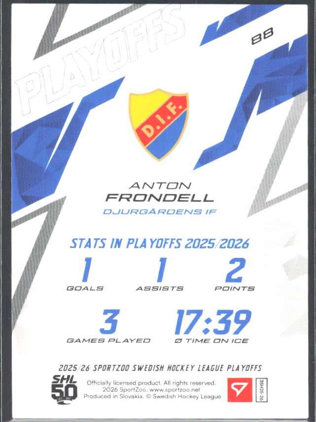 Anton Frondell 2025-26 SHL Playoffs #88 – baksida