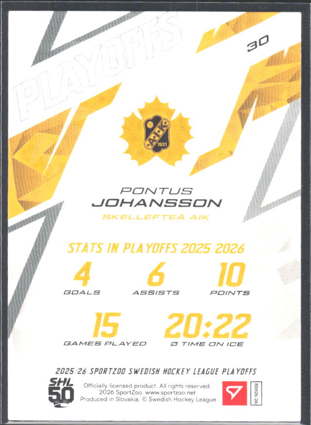 Pontus Johansson 2025-26 SHL Playoffs #30 – baksida
