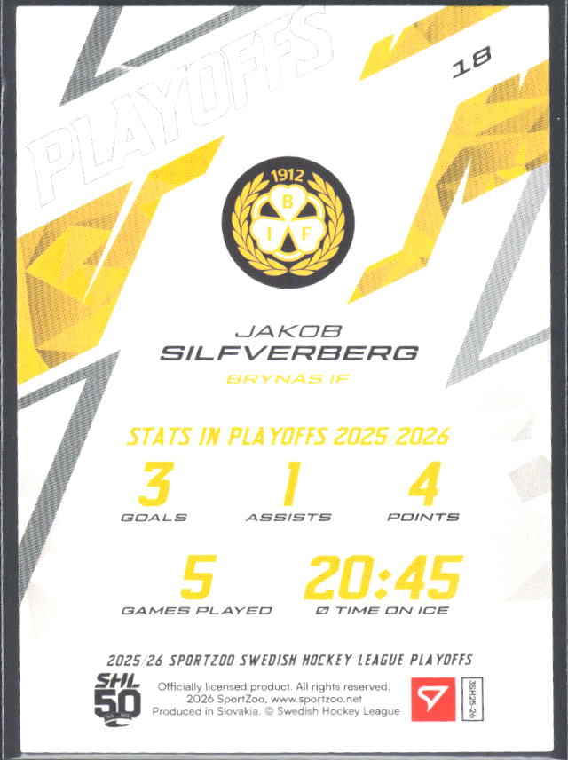 Jakob Silfverberg 2025-26 SHL Playoffs #18 – baksida