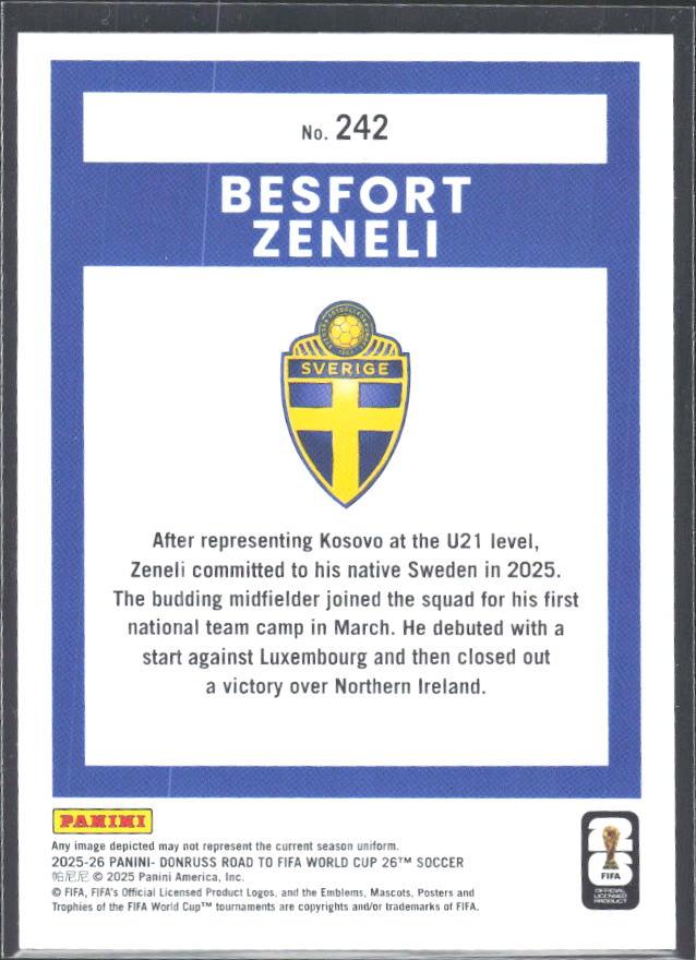Besfort Zeneli 2025-26 Donruss Road to FIFA WC Rated Rookie #242 – baksida