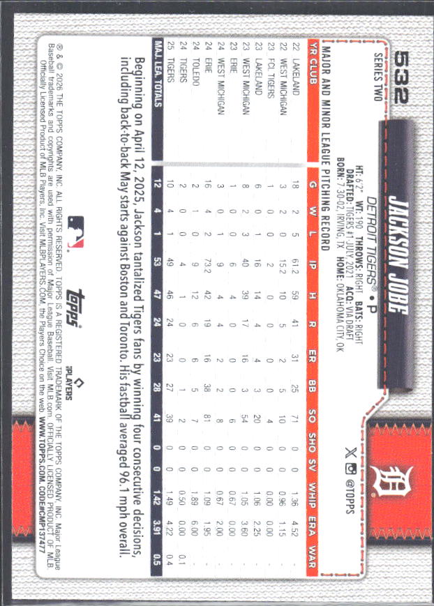 Jackson Jobe 2026 Series 2 Future Stars #532 – baksida