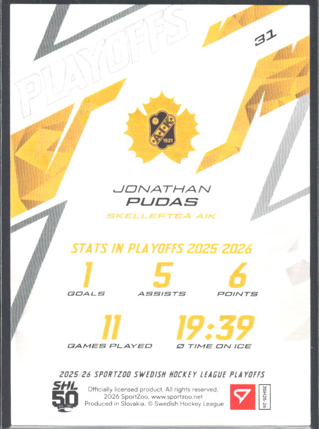 Jonathan Pudas 2025-26 SHL Playoffs #31 – baksida