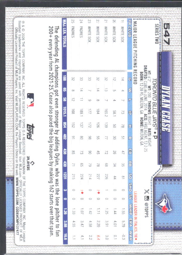 Dylan Cease 2026 Series 2 #547 – baksida