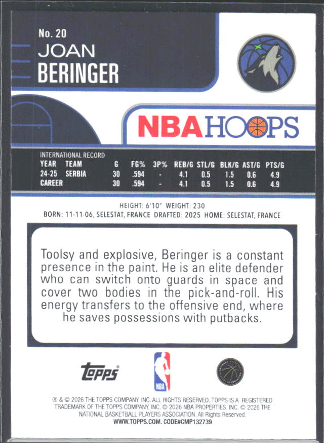Joan Beringer 2025-26 NBA Hoops RC #20 – baksida