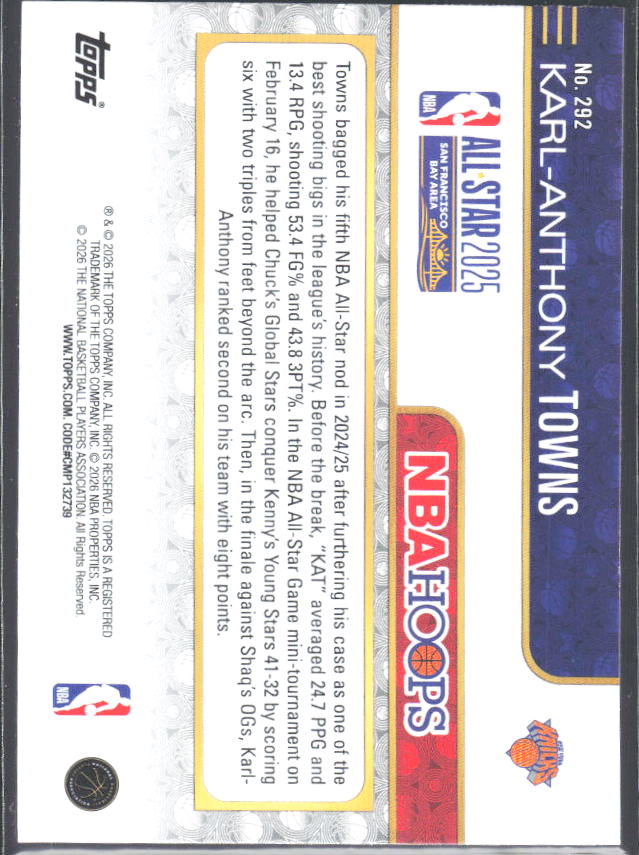 Karl-Anthony Towns 2025-26 NBA Hoops All-Star 2025 #292 – baksida