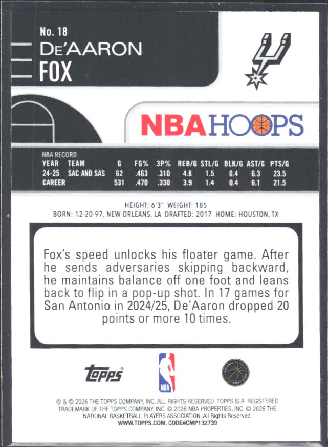 De'Aaron Fox 2025-26 NBA Hoops #18 – baksida
