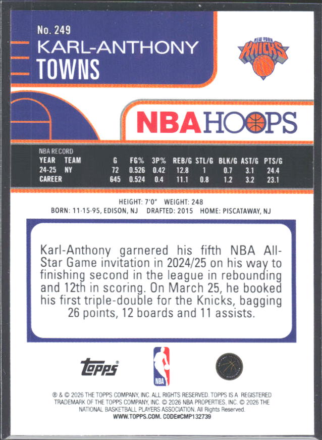 Karl-Anthony Towns 2025-26 NBA Hoops #249 – baksida
