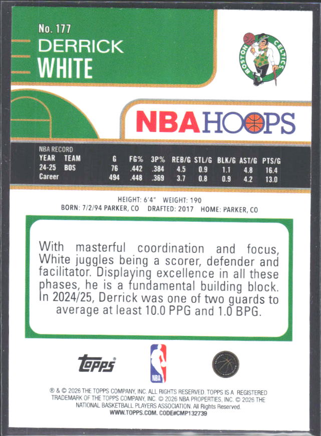 Derrick White 2025-26 NBA Hoops #177 – baksida