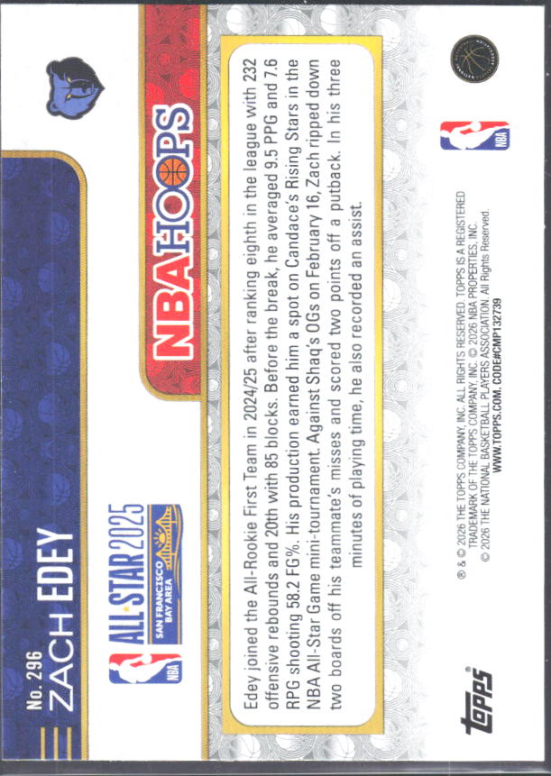 Zach Edey 2025-26 NBA Hoops All-Star 2025 #296 – baksida