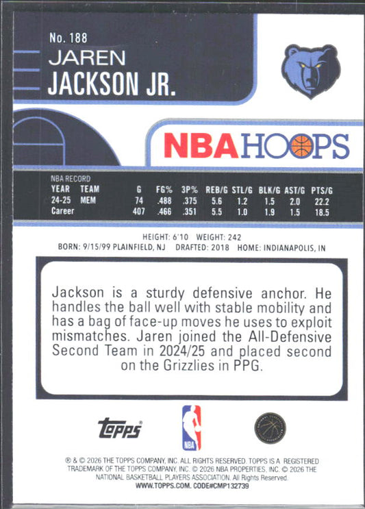 Jaren Jackson Jr. 2025-26 NBA Hoops #188 – baksida