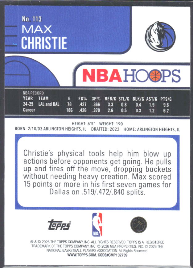 Max Christie 2025-26 NBA Hoops #113 – baksida