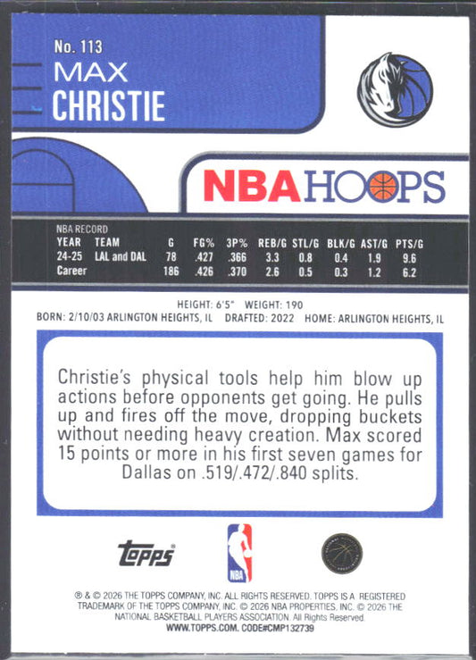 Max Christie 2025-26 NBA Hoops #113 – baksida